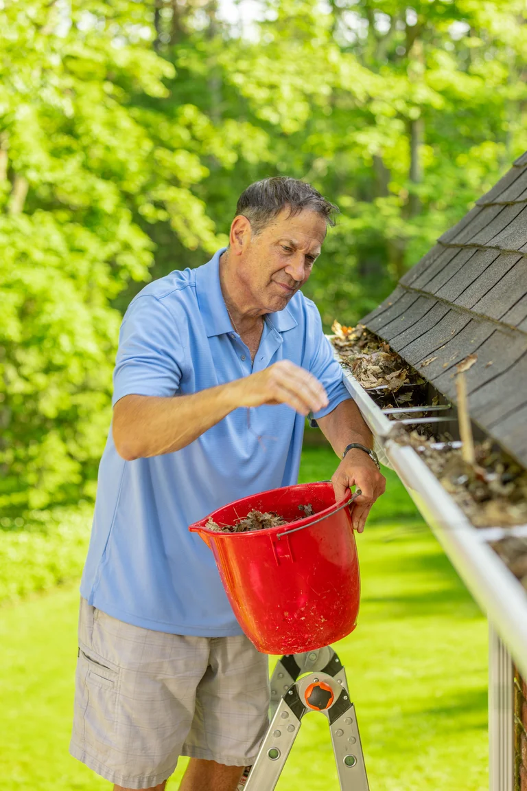 DIY Homeowner cleaning gutters from a ladder in Albany